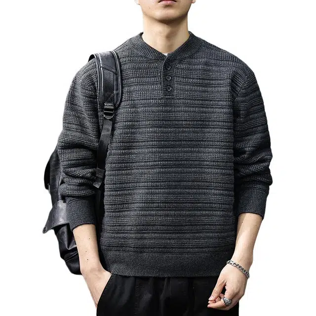 前进牛 休闲潮牌复古亨利领潮流套头针织衫 男款