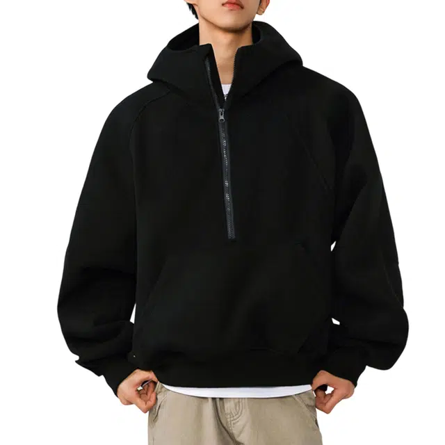冈哉 螺纹解构拼接纯色简约基础款半拉链上衣美式高街学院风个性痞帅重磅小众宽松百搭连帽卫衣 男女同款