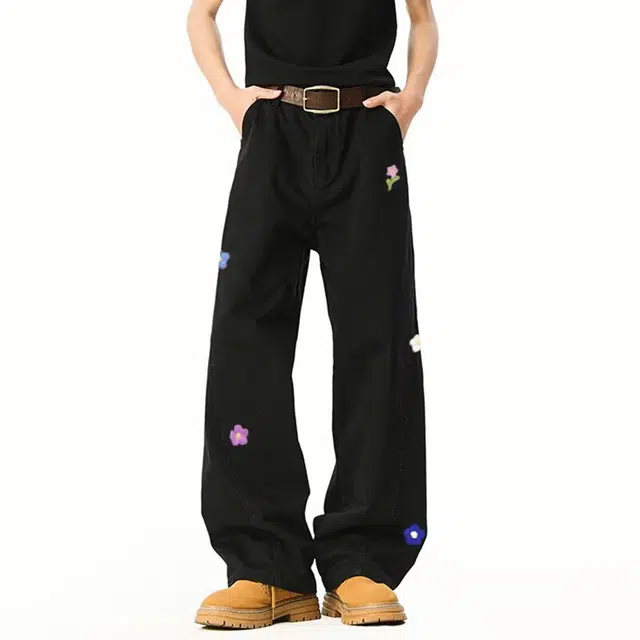 洞洞拐 美式高街花朵刺绣设计感小众痞帅炸街裤子高级感休闲长裤牛仔裤 男女同款