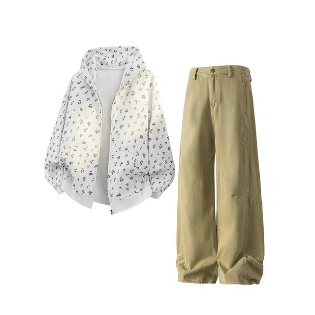 素杭 潮流满印连帽卫衣外套美式高街复古水洗弯刀阔腿裤两件套潮牌一整套搭配休闲运动套装 男女同款