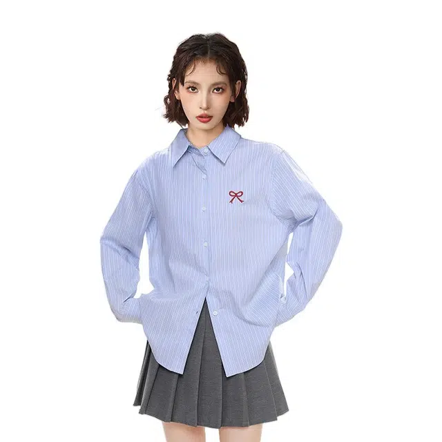 柏黛妃 蝴蝶结条纹长袖衬衫外套内搭打底设计感宽松上衣 女款