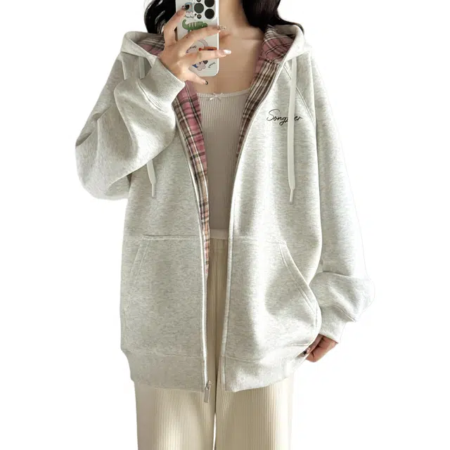 颂希尔 美式高街格纹拼色连帽衫外套春秋季宽松休闲潮流百搭帅气舒适卫衣 男女同款