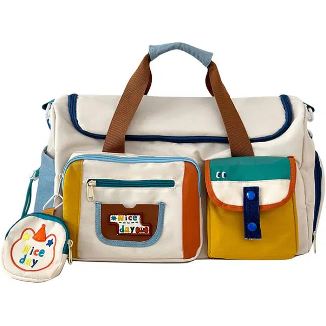 德力熊 潮牌撞色大容量手提斜挎包多功能旅游出差行李包收纳包 尼龙 旅行包 女款 米白色