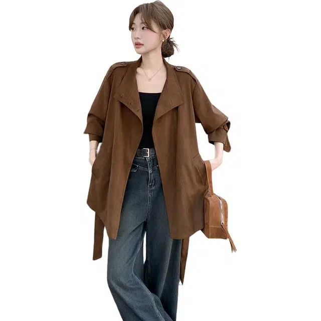 袋鼠 设计感中长款显瘦韩版高端系带收腰外套风衣 女款