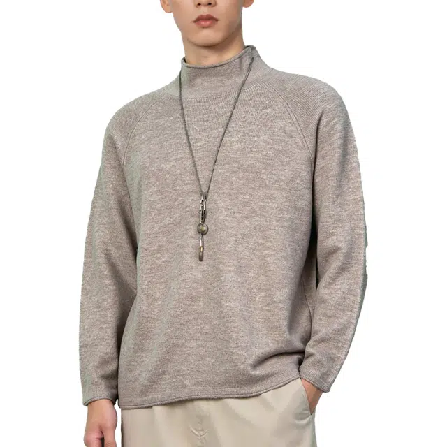 艾梵斯贝 高端轻奢保暖舒适柔软简约设计感半高领老钱风质感成熟青年宽松休闲商务打底衫轻便日常通勤百搭慵懒风套头多色毛衣 男款