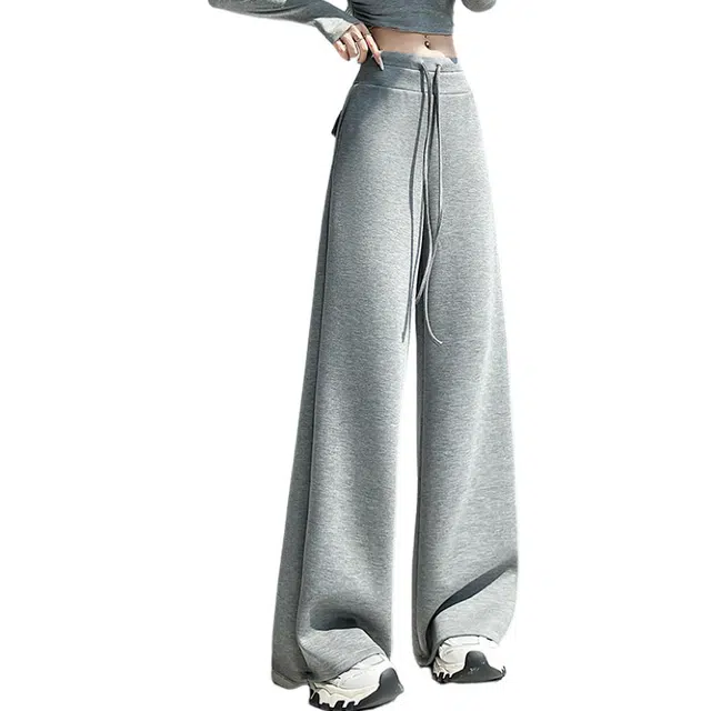 荟萃阁 美式复古高腰抽绳阔腿运动裤女秋季慵懒松弛宽松拖地卫裤休闲裤 女款