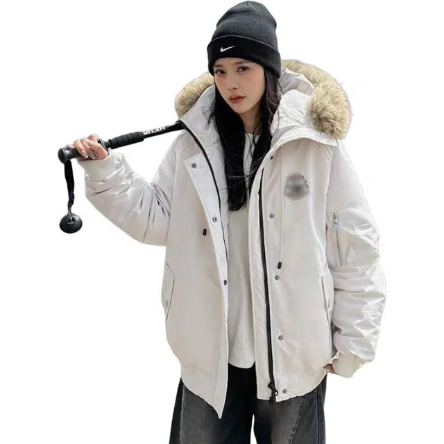 敲模女孩 美式学院工装风连帽毛领韩系复古保暖宽松棉服 女款