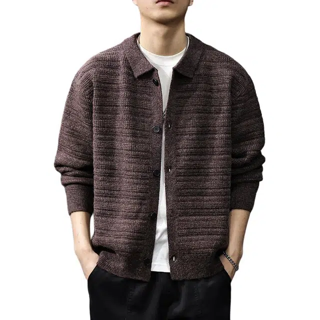 前进牛 韩式极简高级感轻商务潮牌轻奢高端翻领开衫男潮流文艺风复古慵懒居家休闲外套宽松百搭针织衫 男女同款