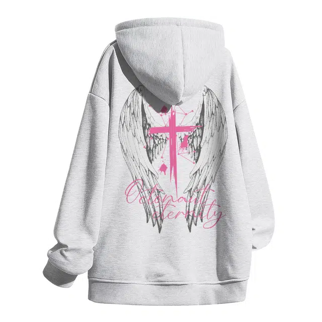 海底小纵队 春秋必备潮流美式高街手绘翅膀涂鸦十字架签名体字母印花品牌宽松版型潮人百搭亲肤上衣长袖叠穿连帽套头卫衣 男女同款