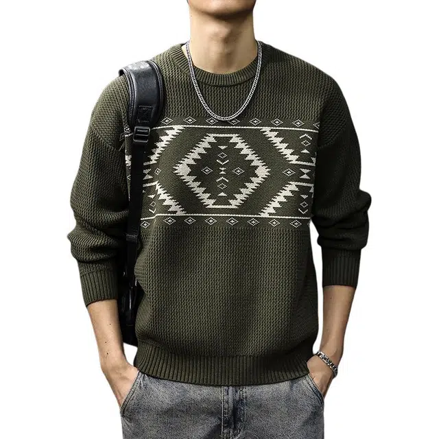 前进牛 秋冬新中式休闲复古潮牌民族风重磅打底衫潮流百搭慵懒风宽松圆领针织衫 男女同款