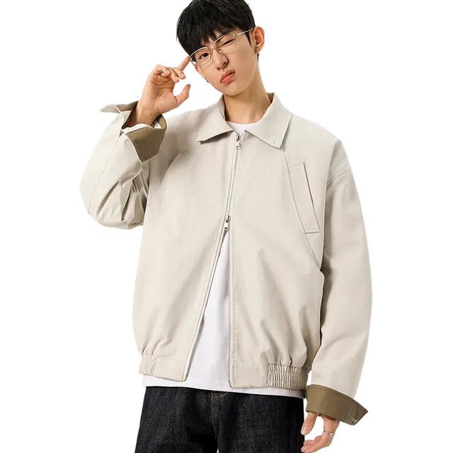 一碗士多 美式复古拼接撞色高级感设计上衣外套舒适防风保暖宽松通勤日常游玩拍照出片百搭慵懒风时尚休闲基础款拉链口袋长袖夹克 男女同款