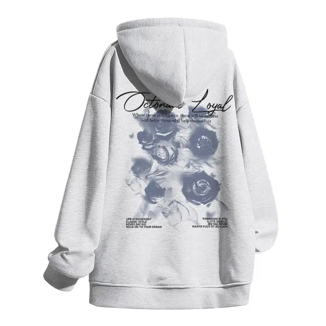 海底小纵队 创意美式复古风高街系列烟雾玫瑰花艺术体字母印花宽松氛围慵懒风长袖套头学院风连帽口袋舒适时尚百搭卫衣 男女同款