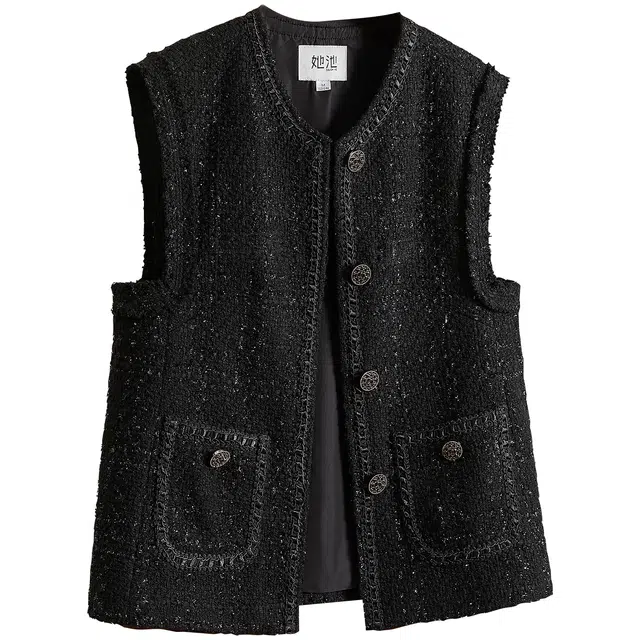 她池 法式小香风优雅气质纯色圆领单排扣叠穿无袖马甲 女款