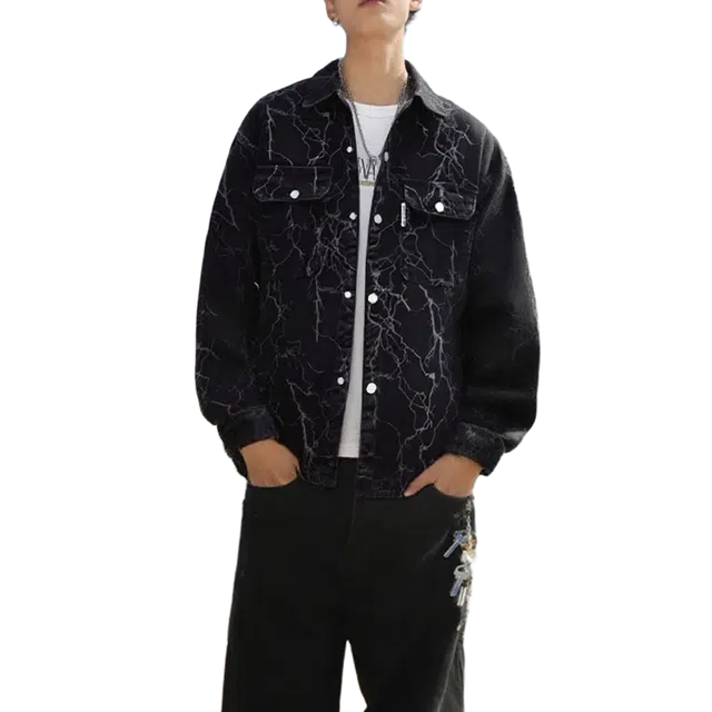 一碗士多 美式复古高街小众百搭简约舒适亲肤透气宽松痞帅独特闪电印花设计个性日常通勤户外单排扣牛仔经典款夹克 男女同款