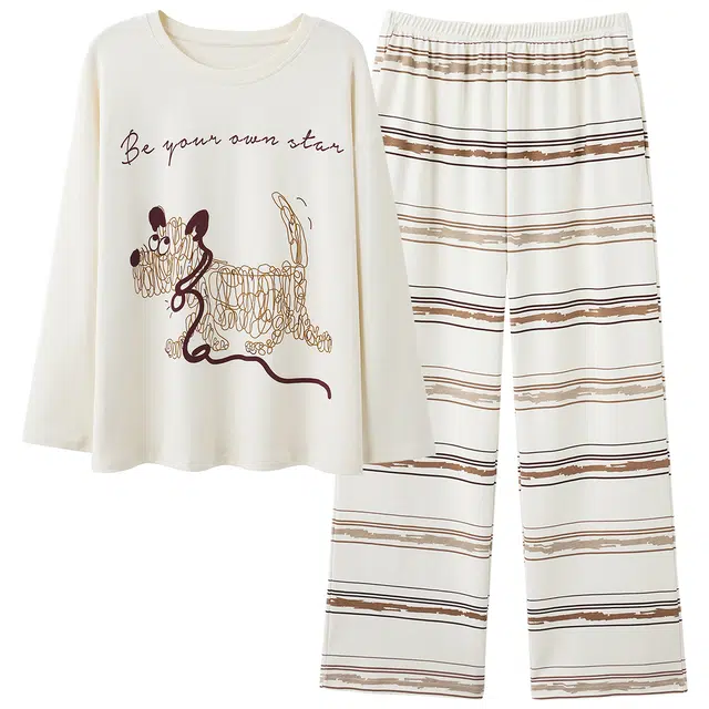 俏韵 圆领卡通春秋季款纯棉长袖长裤甜美印花可爱舒适薄款家居服可外穿睡衣套装 男女同款