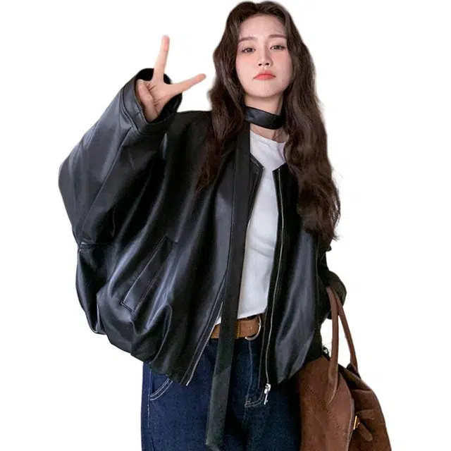 稻草人 高级感独特别致皮衣外套韩系机车花苞上衣夹克 女款