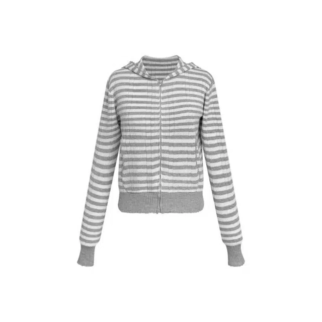 花蔓色 气质清新慵懒风长袖连帽镂空拉链开衫条纹截短外套 女款