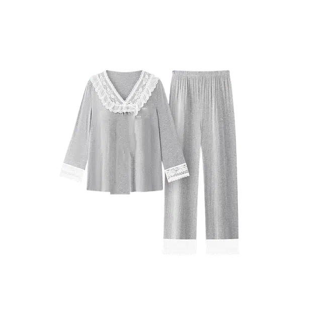潞优野 高端品质长袖莫代尔蕾丝花边简约舒适带胸垫家居服春秋款睡衣套装 女款
