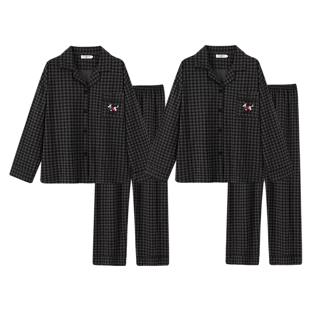 顶瓜瓜 卡通小狗格子甜美风休闲舒适翻领家居服睡衣套装 男女同款
