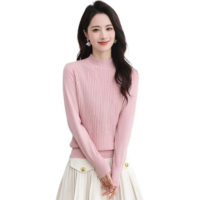 袋鼠 舒适简约百搭修身显瘦花边半高领纯色套头质感针织衫 女款