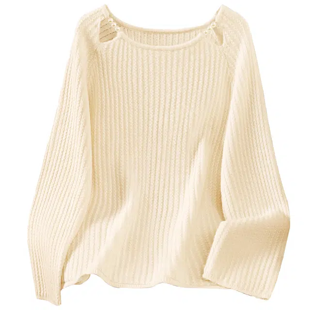 她池 优雅气质镂空设计纯色圆领套头插肩长袖毛衣 女款