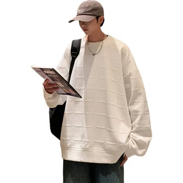 冈哉 春秋季港风复古华夫格菠萝格纹理设计圆领长袖上衣基础款宽松松弛慵懒感个性学院风减龄日常通勤 卫衣 男女同款