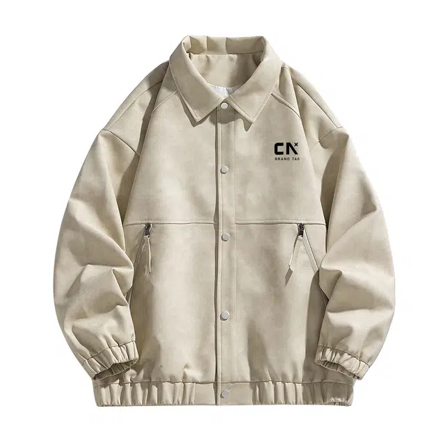 中国航天 美式工装复古英伦学院风纯色休闲翻领时尚宽松款百搭港味麂皮绒花体英文字母印花男式外套夹克 男女同款