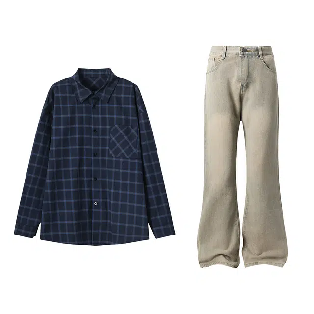 哲源 美式复古格子扎染拼接翻领单排扣衬衫水洗做旧牛仔裤休闲运动套装 男女同款