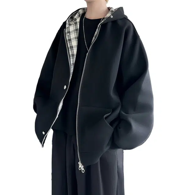 加荣 春秋舒适高级感日系格子宽松外套撞色休闲上衣美式复古格纹拼接连帽开衫时尚百搭慵懒穿搭长袖夹克卫衣 男女同款