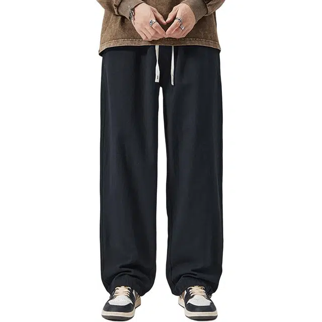 杜克恩 纯棉重磅灰色垂感运动卫裤秋季美式复古纯色青春活力潮流可束脚阔腿长裤直筒休闲裤 男女同款