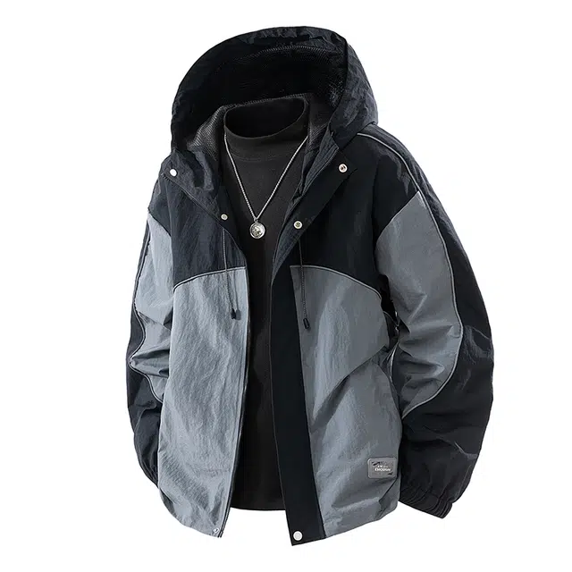 希越 三防面料防水防污防油耐磨都市运动户外日系潮牌冲锋上衣尼龙单丝格肌理感撞色设计男女情侣同款外套夹克 男款