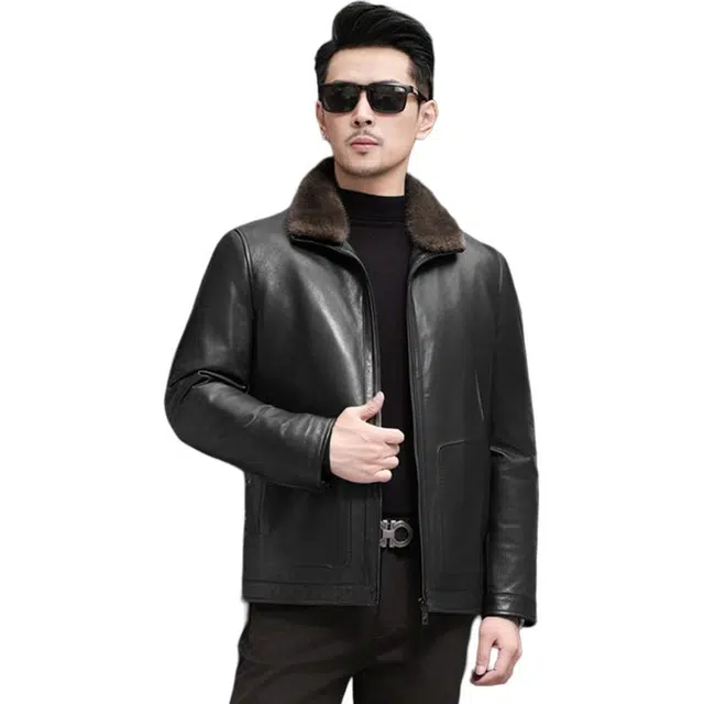 比利斯山羊 时尚休闲水貂毛领内胆真皮皮衣 男女同款