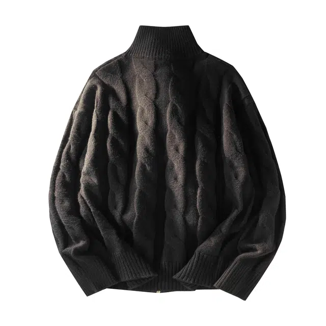 暴走的萝莉 美式街头潮流简约基础款纯色麻花纹品牌车标休闲宽松柔软舒适透气保暖长袖开衫立领毛衣 男女同款