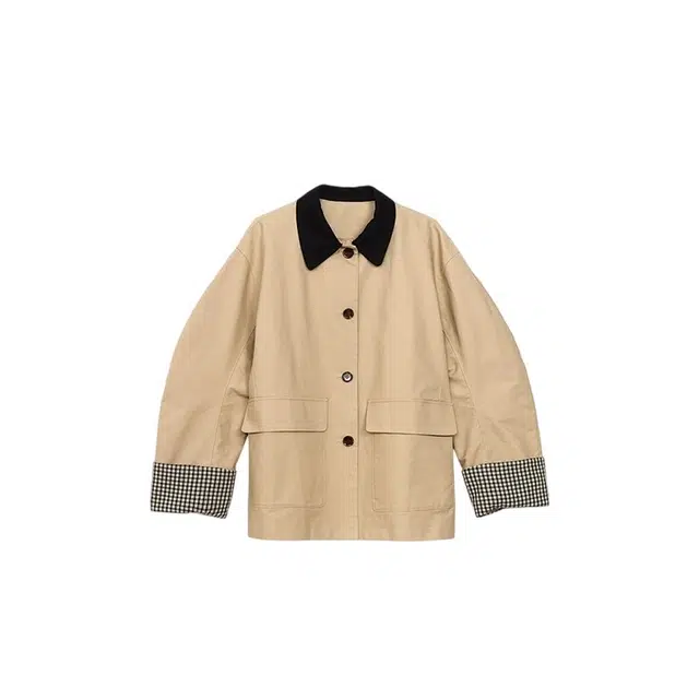 识恩 时尚减龄英伦风撞色格纹拼接短款宽松春秋外套大衣 女款