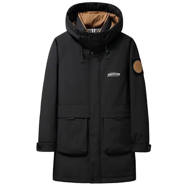 鸭鸭 工装风格纯色连帽大口袋情侣保暖通勤休闲中长款百搭羽绒服 男女同款