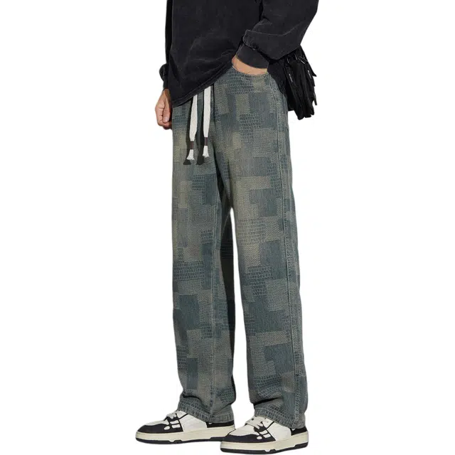 瑞梵帝斯 美式复古格子条纹设计高街水洗做旧废土风宽松百搭弹力潮流时尚显高显瘦显腿长运动直筒休闲裤男生牛仔裤 男款