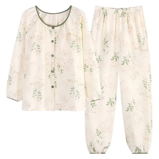 莫代尔 清新时尚气质圆领开衫舒适轻柔细腻带胸垫防凸点家居服可外穿睡衣套装 女款