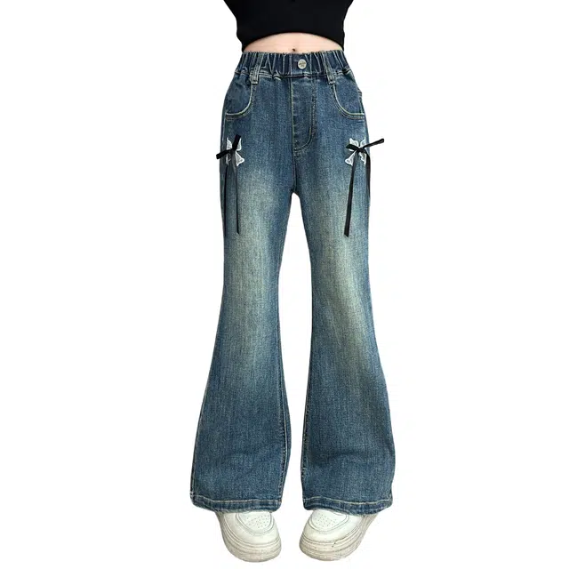 蓝彩何牛仔裤 女童裤秋季款喇叭裤儿童女修身高腰微韩版裤子