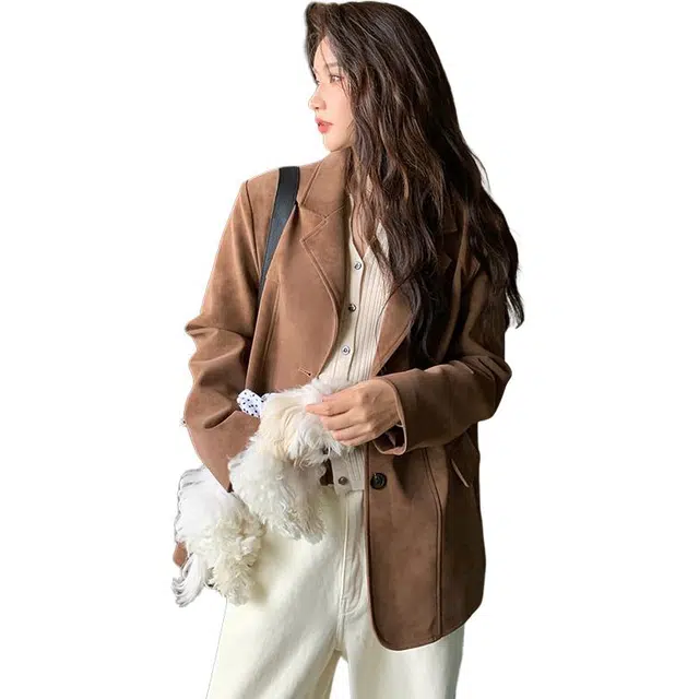 稻草人 单排扣休闲复古风格纯色搭配宽松韩版西装 女款