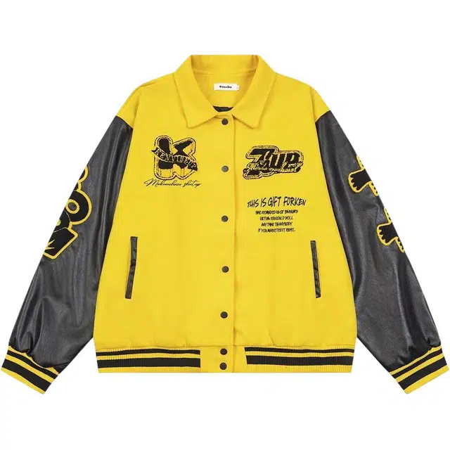 稻草人  美式字母重磅刺绣拼色棒球服 男女同款