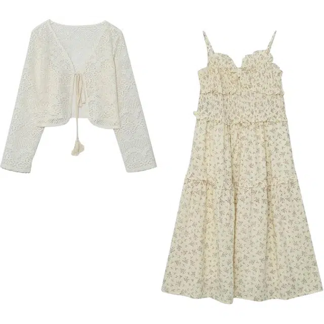 惟友 胖女生穿搭秋款秋装胖妹妹显瘦胖妹妹胖人清新氛围感碎花吊带裙缕空花边衫大码女装裙装套装 女款