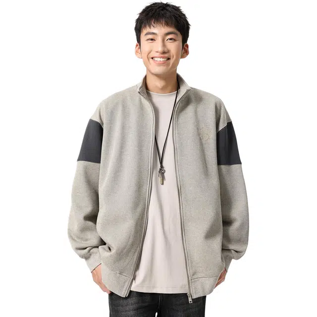 米素力 拼色拉链外套刺绣落肩袖美式开衫卫衣 男女同款