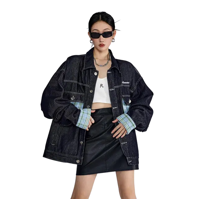 欧迪芬 美式复古格子口袋拼色拼接线条潮牌宽松工装夹克多痞帅男友风情侣翻领单排扣开衫牛仔外套 女款