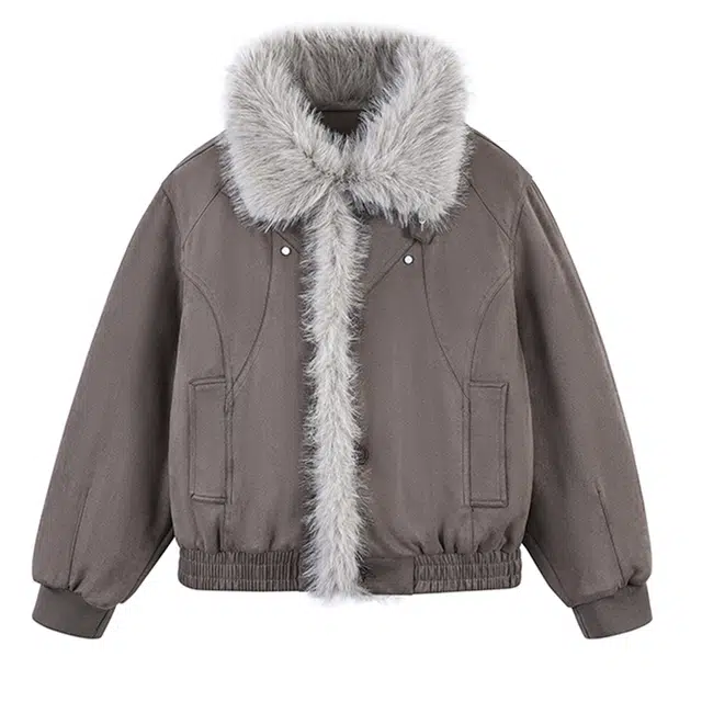 拾籍 复古设计翻领毛边拼接金属点缀工装风格舒适时尚宽松休闲百搭加厚保暖外套棉服 女款