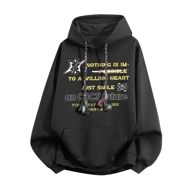 草本初色 重磅华棉嘻哈街头复古创意星星宇宙字母图案麻花彩绳设计感户外基础款日常通勤宽松落肩柔软亲肤秋冬季长袖连帽套头卫衣 男女同款