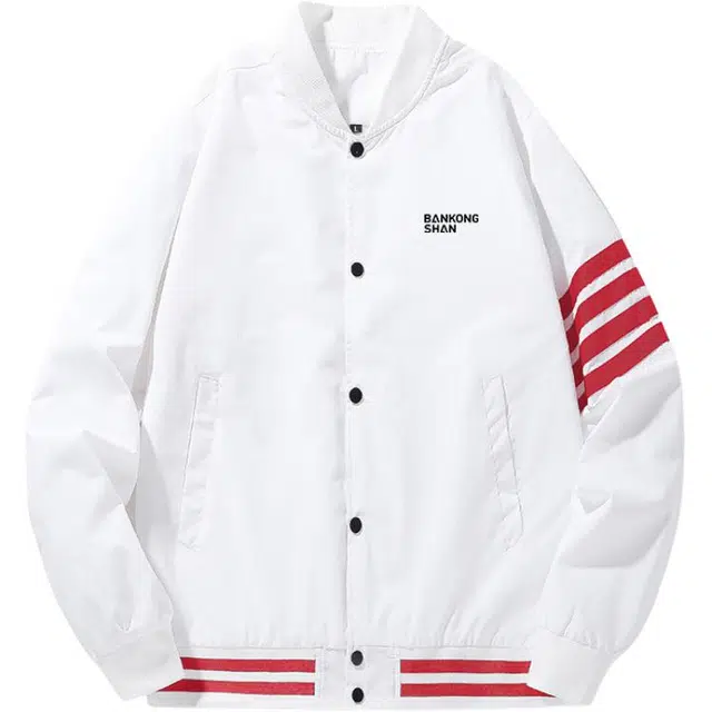 半空山 美式复古高街纯色简约条纹拼接设计宽松百搭落肩飞行员单排扣棒球领夹克外套 男女同款