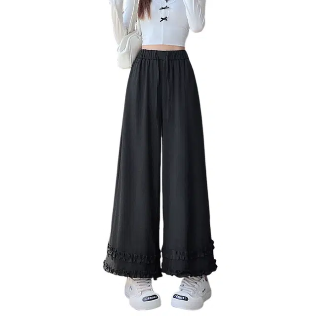 荟萃阁 糯米绒木耳花边阔腿裤甜妹垂感百搭显瘦九分休闲裤 女款