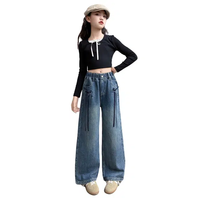 蓝彩何牛仔裤 女童春秋款裤子洋气女孩中大儿童休闲直筒阔腿弯刀秋季潮