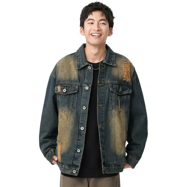 米素力 水洗做旧破洞潮流渐变落肩袖长袖翻领宽松型牛仔外套 男女同款