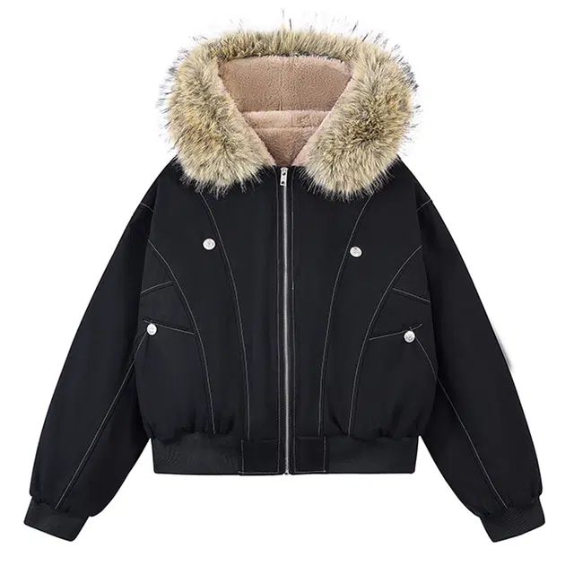 拾籍 时尚个性工装风毛领装饰做旧缝线秋冬季简约百搭保暖派克服外套棉服 女款